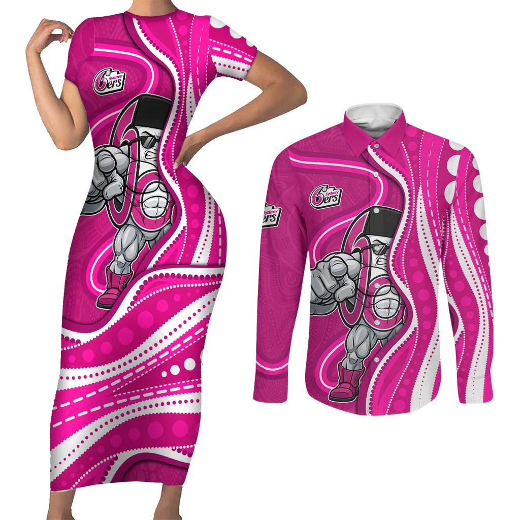 Sydney Sixers Couples Matching Short Sleeve Bodycon Dress and Long Sleeve Button Shirt Aboriginal Dot Art Pink White - Tribal Wave Pattern