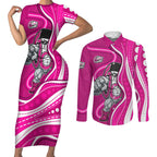 Sydney Sixers Couples Matching Short Sleeve Bodycon Dress and Long Sleeve Button Shirt Aboriginal Dot Art Pink White - Tribal Wave Pattern