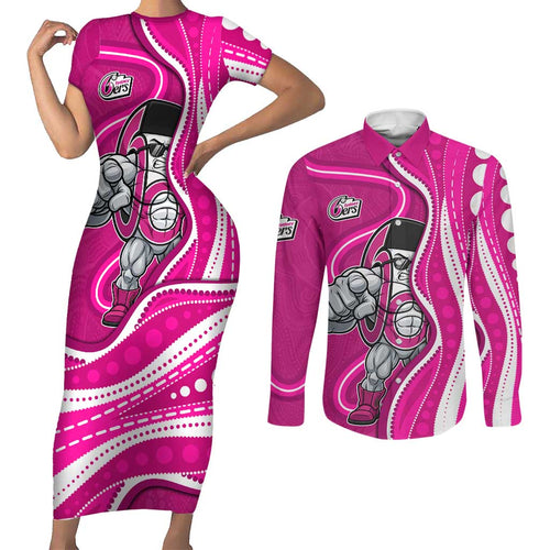 Sydney Sixers Couples Matching Short Sleeve Bodycon Dress and Long Sleeve Button Shirt Aboriginal Dot Art Pink White - Tribal Wave Pattern