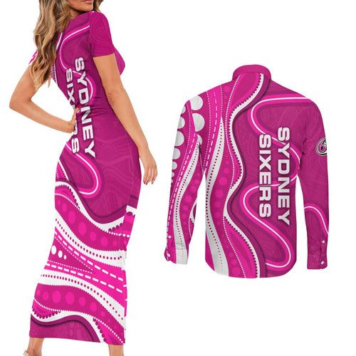 Sydney Sixers Couples Matching Short Sleeve Bodycon Dress and Long Sleeve Button Shirt Aboriginal Dot Art Pink White - Tribal Wave Pattern
