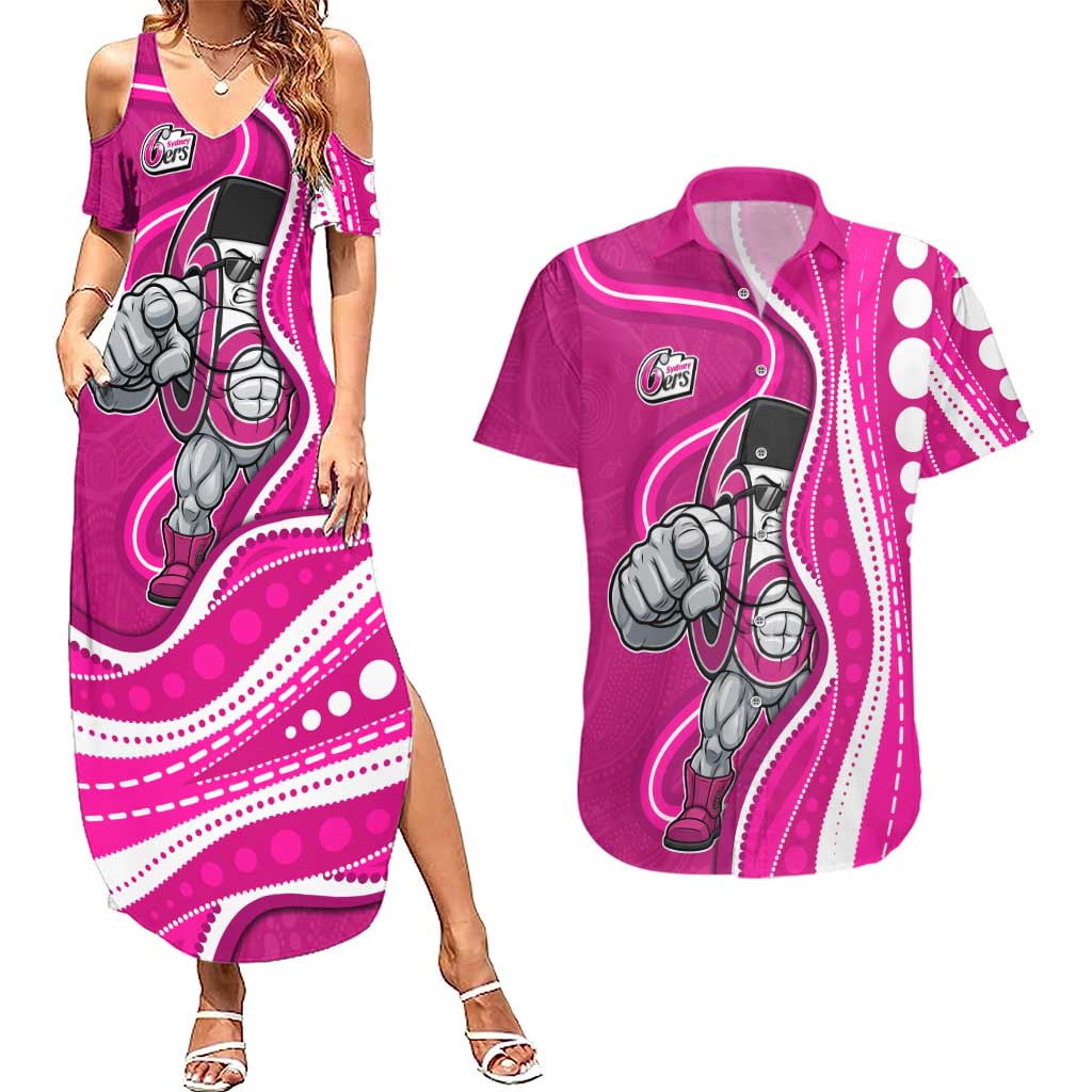 Sydney Sixers Couples Matching Summer Maxi Dress and Hawaiian Shirt Aboriginal Dot Art Pink White - Tribal Wave Pattern
