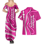 Sydney Sixers Couples Matching Summer Maxi Dress and Hawaiian Shirt Aboriginal Dot Art Pink White - Tribal Wave Pattern