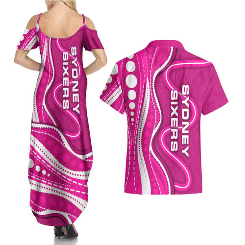 Sydney Sixers Couples Matching Summer Maxi Dress and Hawaiian Shirt Aboriginal Dot Art Pink White - Tribal Wave Pattern