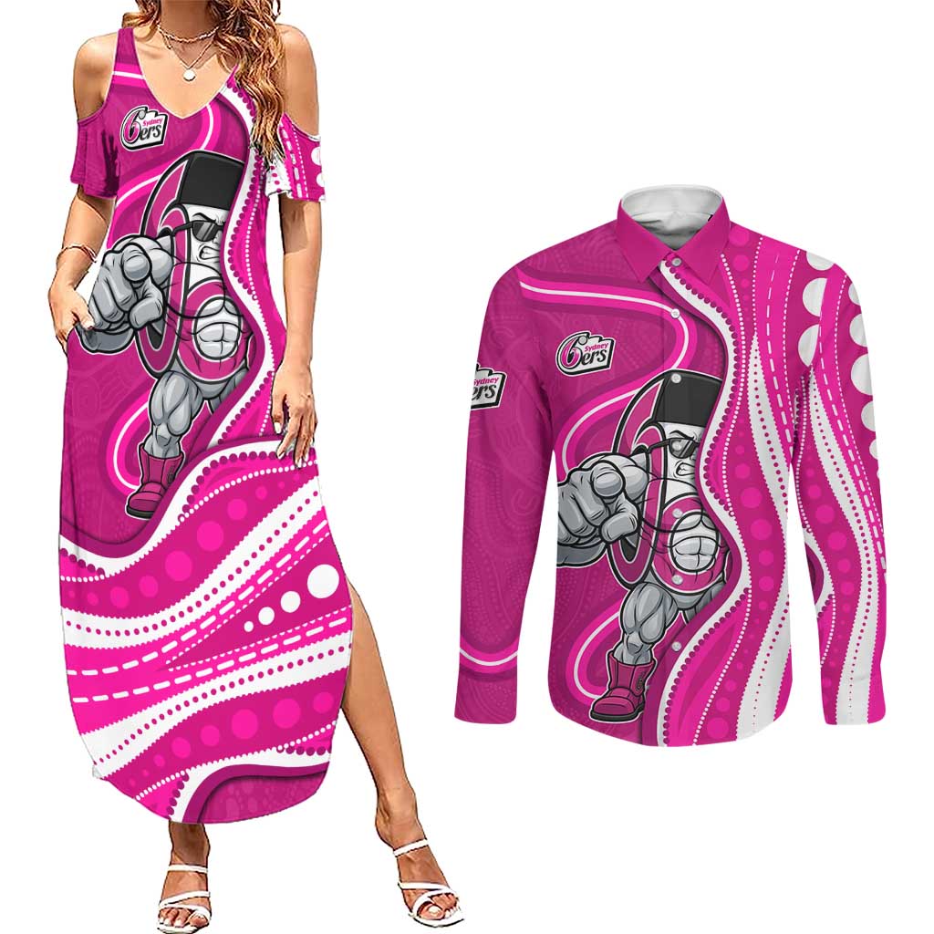 Sydney Sixers Couples Matching Summer Maxi Dress and Long Sleeve Button Shirt Aboriginal Dot Art Pink White - Tribal Wave Pattern