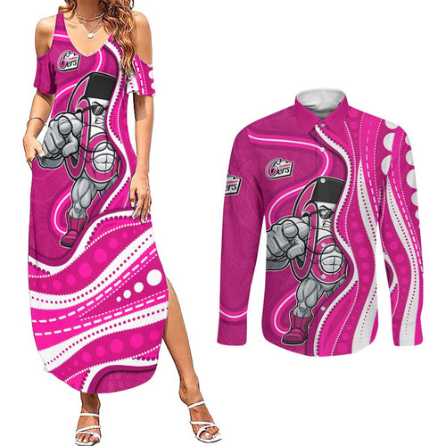 Sydney Sixers Couples Matching Summer Maxi Dress and Long Sleeve Button Shirt Aboriginal Dot Art Pink White - Tribal Wave Pattern
