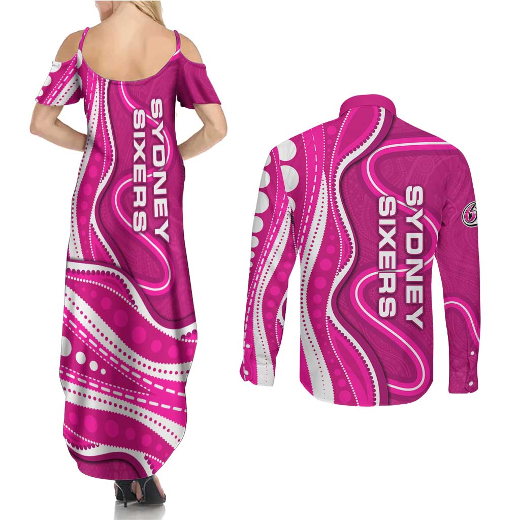 Sydney Sixers Couples Matching Summer Maxi Dress and Long Sleeve Button Shirt Aboriginal Dot Art Pink White - Tribal Wave Pattern