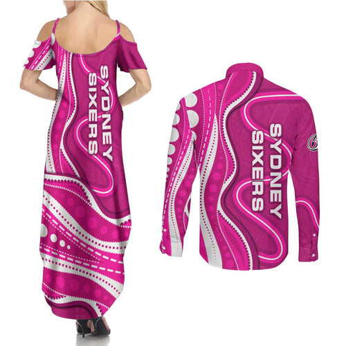 Sydney Sixers Couples Matching Summer Maxi Dress and Long Sleeve Button Shirt Aboriginal Dot Art Pink White - Tribal Wave Pattern