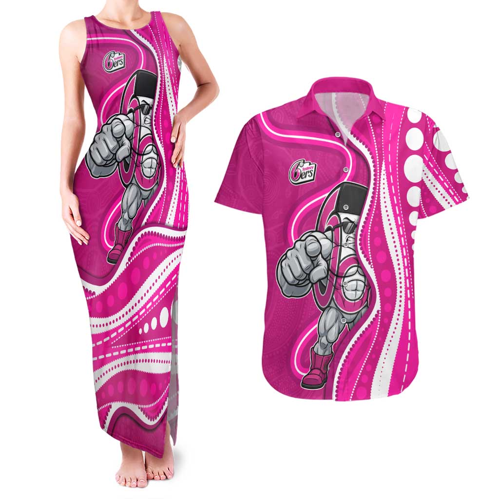 Sydney Sixers Couples Matching Tank Maxi Dress and Hawaiian Shirt Aboriginal Dot Art Pink White - Tribal Wave Pattern