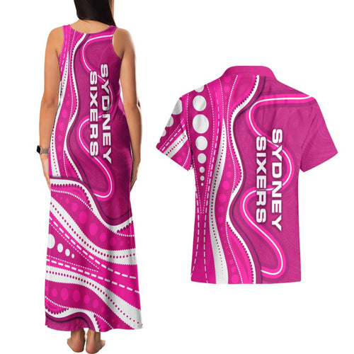 Sydney Sixers Couples Matching Tank Maxi Dress and Hawaiian Shirt Aboriginal Dot Art Pink White - Tribal Wave Pattern