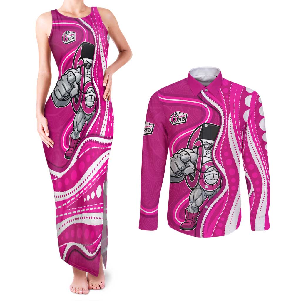 Sydney Sixers Couples Matching Tank Maxi Dress and Long Sleeve Button Shirt Aboriginal Dot Art Pink White - Tribal Wave Pattern
