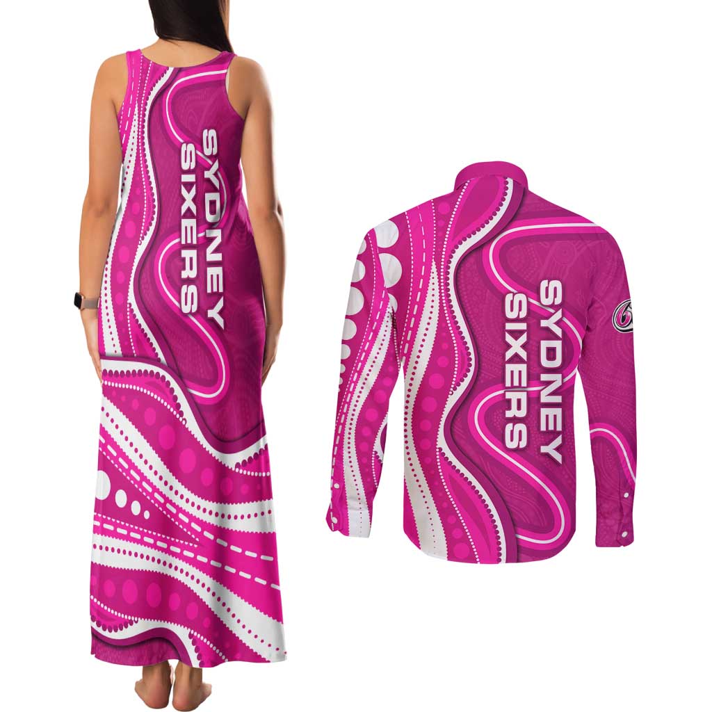 Sydney Sixers Couples Matching Tank Maxi Dress and Long Sleeve Button Shirt Aboriginal Dot Art Pink White - Tribal Wave Pattern