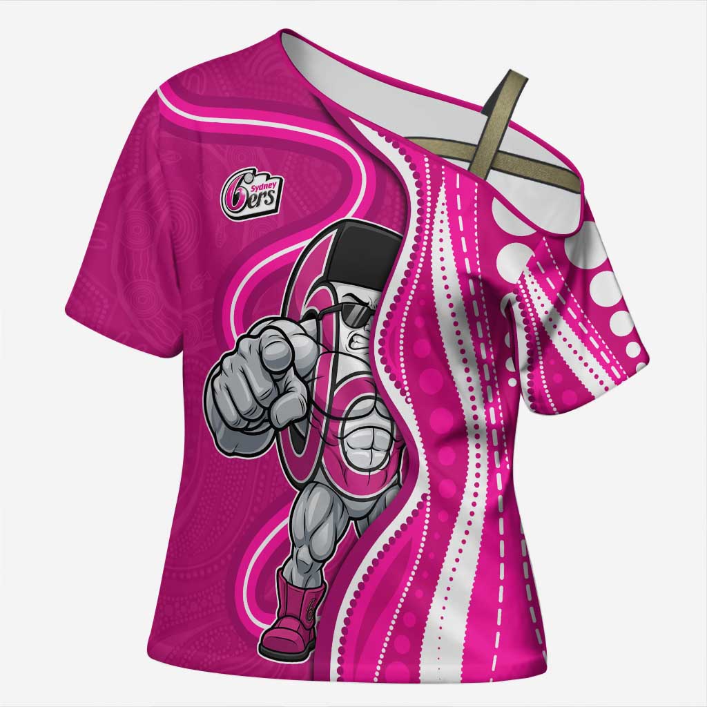 Sydney Sixers Cross Shoulder Shirt Aboriginal Dot Art Pink White - Tribal Wave Pattern