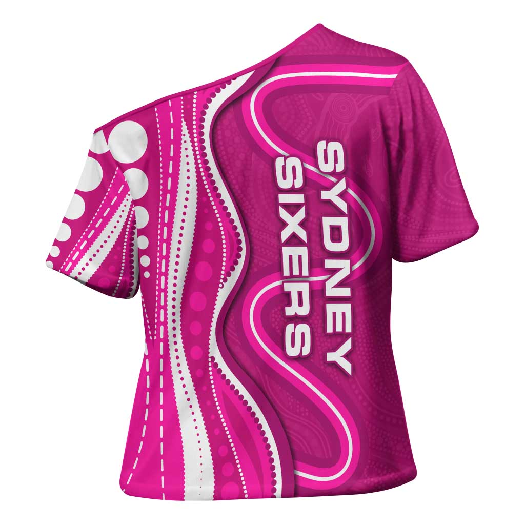 Sydney Sixers Cross Shoulder Shirt Aboriginal Dot Art Pink White - Tribal Wave Pattern