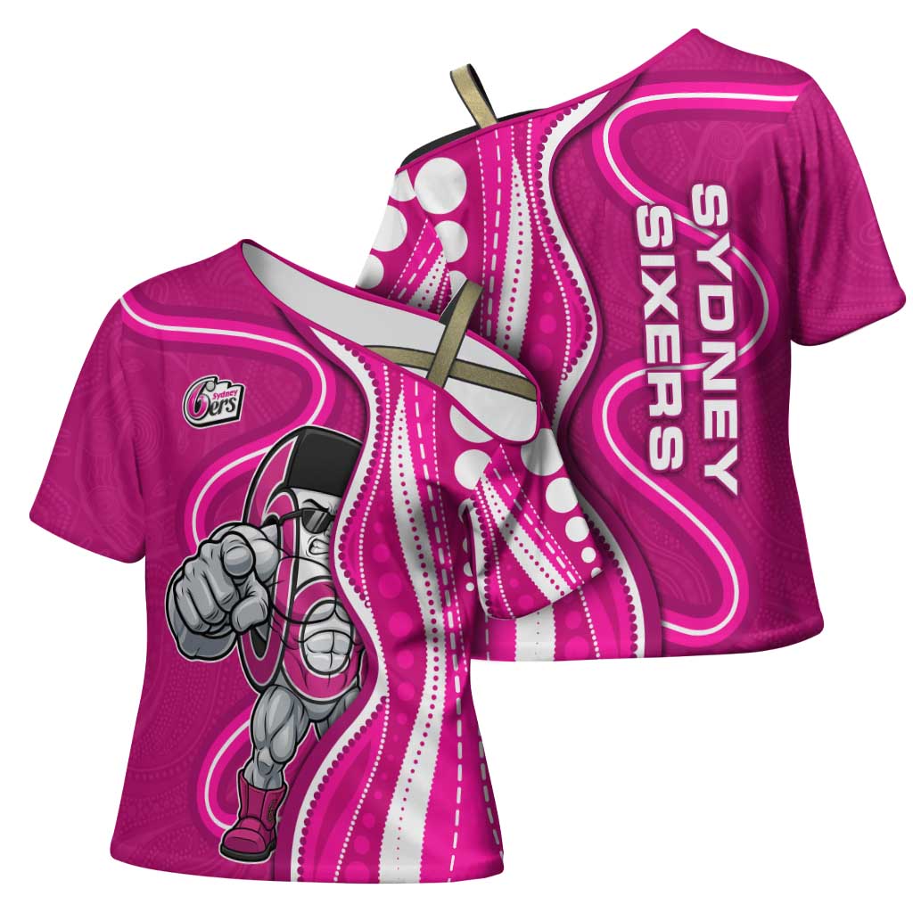 Sydney Sixers Cross Shoulder Shirt Aboriginal Dot Art Pink White - Tribal Wave Pattern