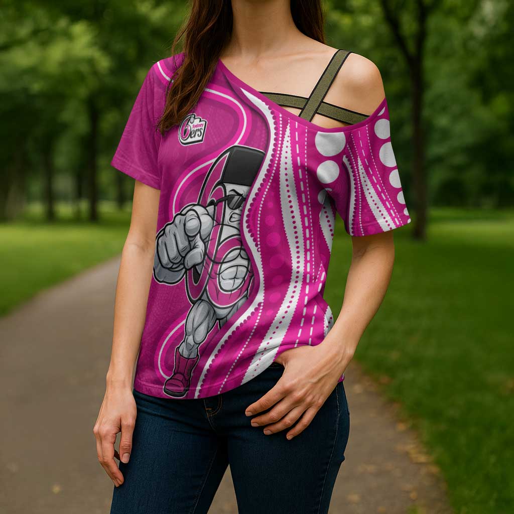 Sydney Sixers Cross Shoulder Shirt Aboriginal Dot Art Pink White - Tribal Wave Pattern