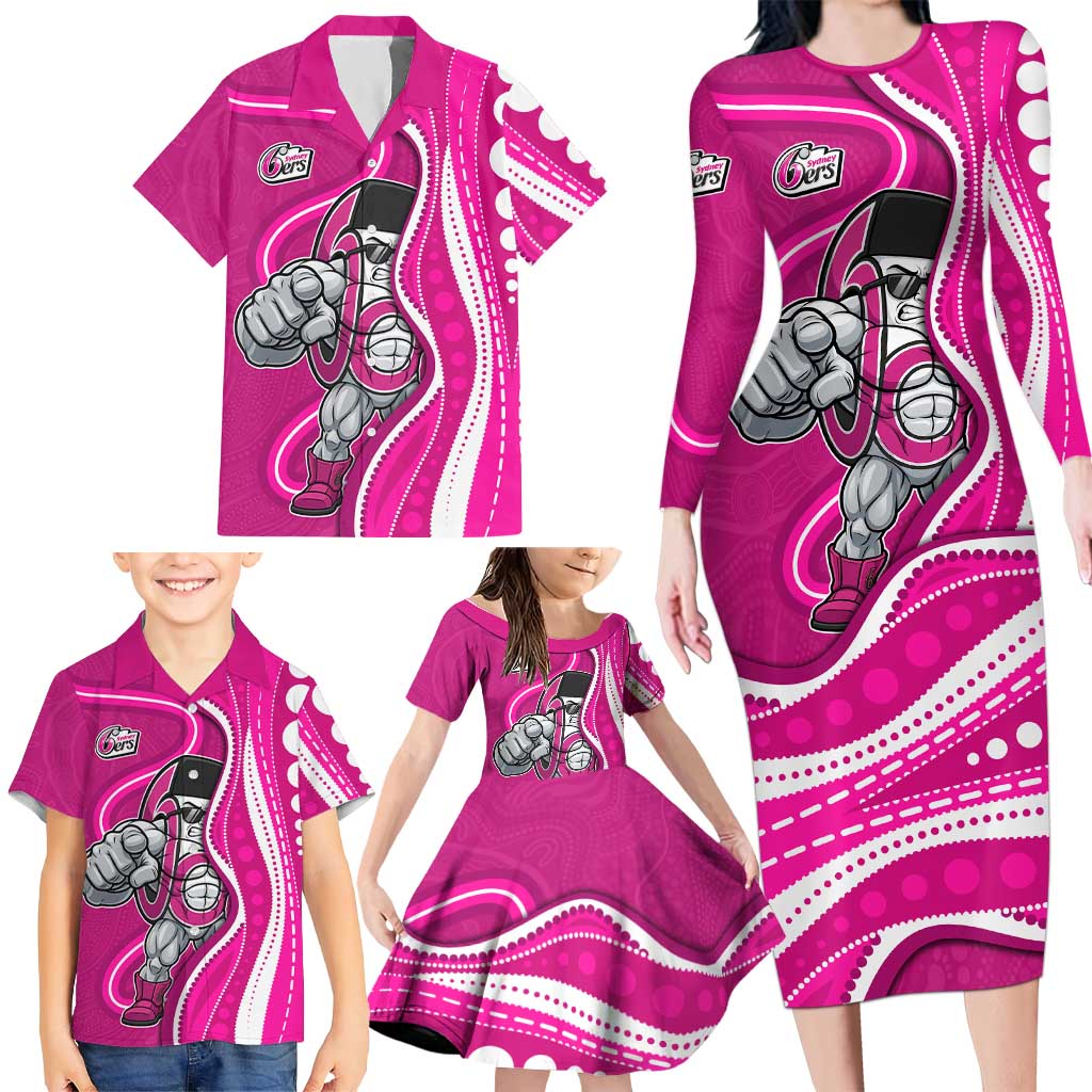 Sydney Sixers Family Matching Long Sleeve Bodycon Dress and Hawaiian Shirt Aboriginal Dot Art Pink White - Tribal Wave Pattern