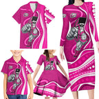 Sydney Sixers Family Matching Long Sleeve Bodycon Dress and Hawaiian Shirt Aboriginal Dot Art Pink White - Tribal Wave Pattern