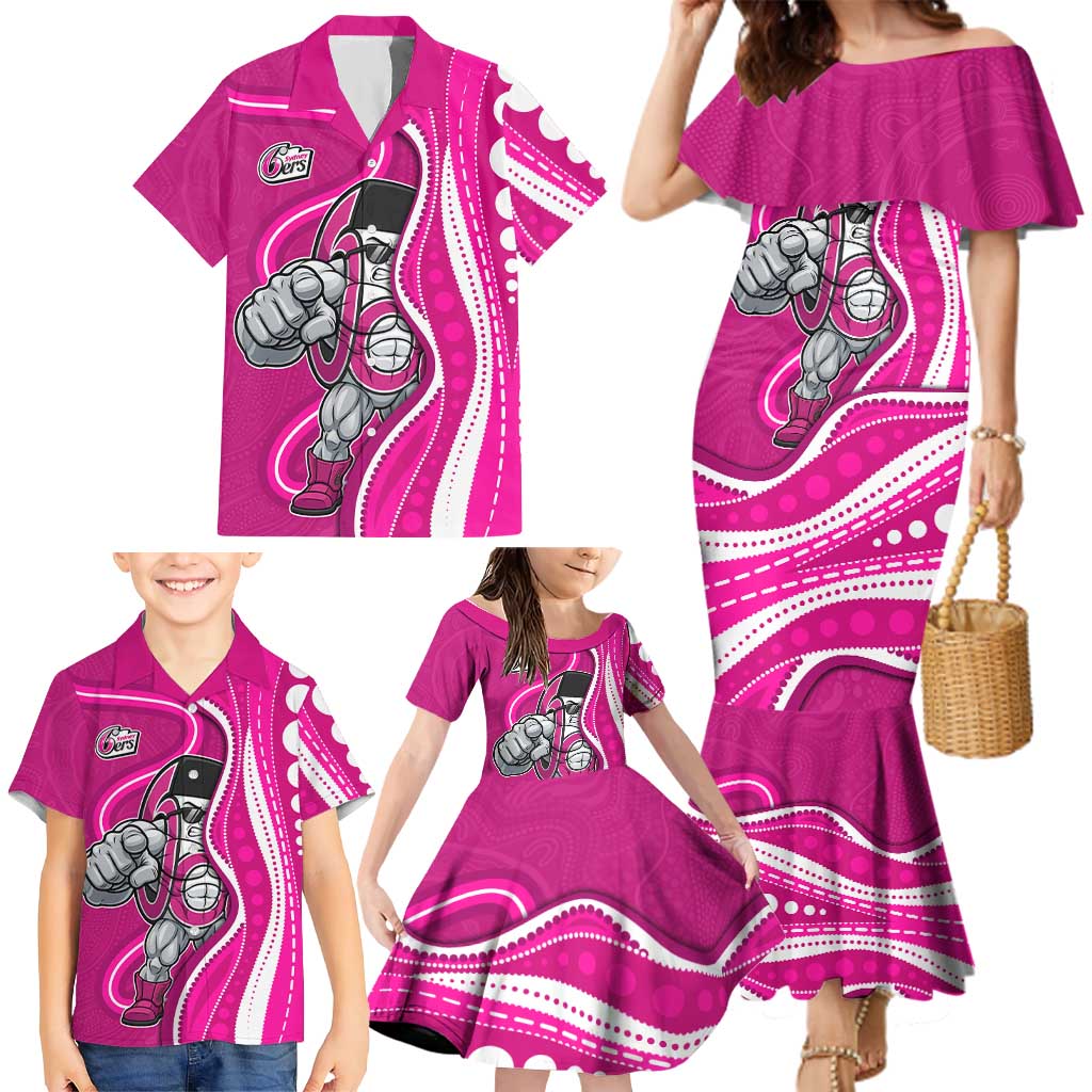 Sydney Sixers Family Matching Mermaid Dress and Hawaiian Shirt Aboriginal Dot Art Pink White - Tribal Wave Pattern