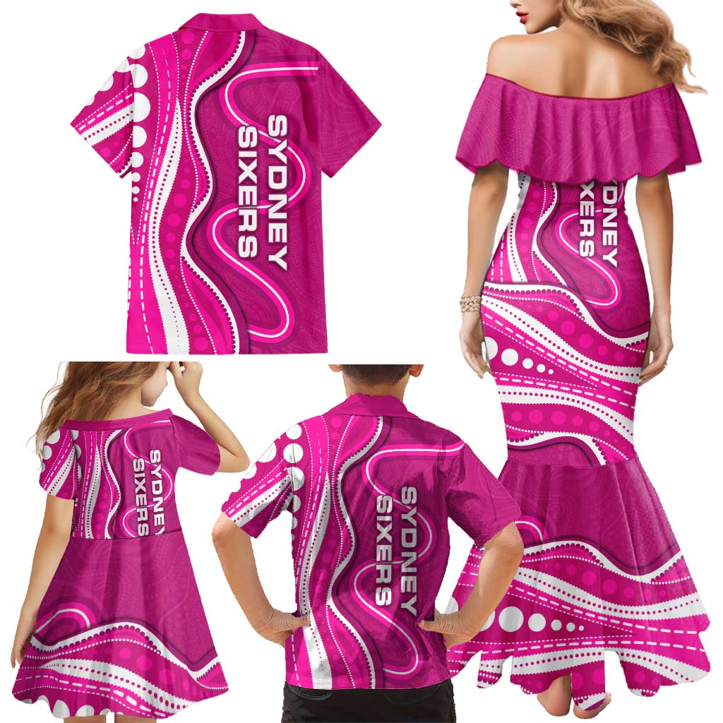 Sydney Sixers Family Matching Mermaid Dress and Hawaiian Shirt Aboriginal Dot Art Pink White - Tribal Wave Pattern