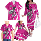 Sydney Sixers Family Matching Off The Shoulder Long Sleeve Dress and Hawaiian Shirt Aboriginal Dot Art Pink White - Tribal Wave Pattern
