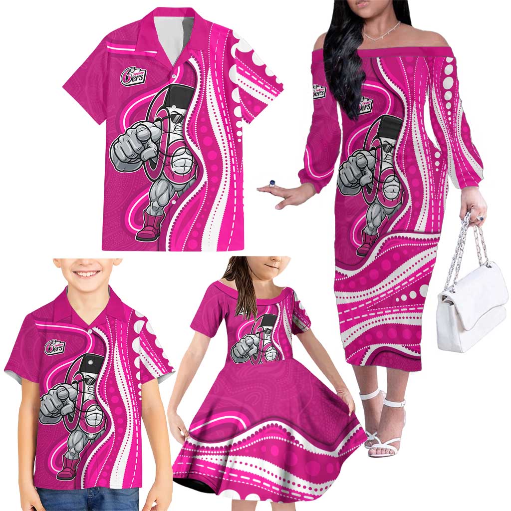 Sydney Sixers Family Matching Off The Shoulder Long Sleeve Dress and Hawaiian Shirt Aboriginal Dot Art Pink White - Tribal Wave Pattern