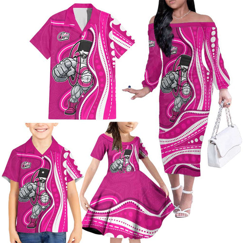 Sydney Sixers Family Matching Off The Shoulder Long Sleeve Dress and Hawaiian Shirt Aboriginal Dot Art Pink White - Tribal Wave Pattern