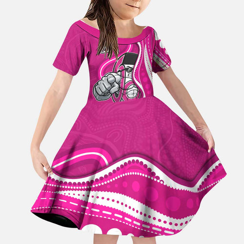 Sydney Sixers Family Matching Off The Shoulder Long Sleeve Dress and Hawaiian Shirt Aboriginal Dot Art Pink White - Tribal Wave Pattern