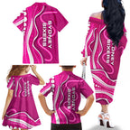 Sydney Sixers Family Matching Off The Shoulder Long Sleeve Dress and Hawaiian Shirt Aboriginal Dot Art Pink White - Tribal Wave Pattern