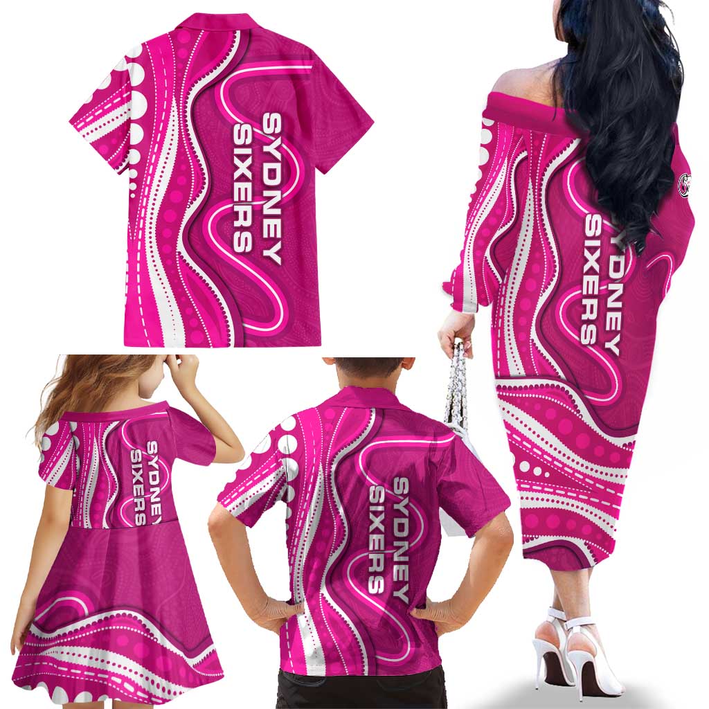Sydney Sixers Family Matching Off The Shoulder Long Sleeve Dress and Hawaiian Shirt Aboriginal Dot Art Pink White - Tribal Wave Pattern