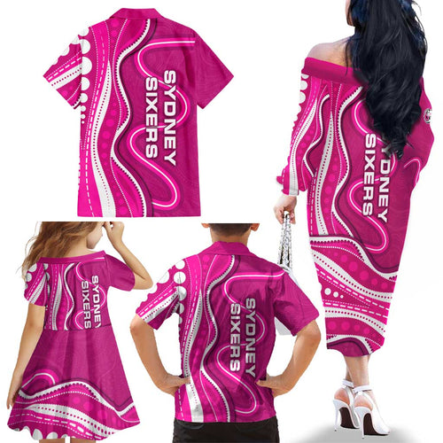 Sydney Sixers Family Matching Off The Shoulder Long Sleeve Dress and Hawaiian Shirt Aboriginal Dot Art Pink White - Tribal Wave Pattern