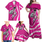 Sydney Sixers Family Matching Off Shoulder Maxi Dress and Hawaiian Shirt Aboriginal Dot Art Pink White - Tribal Wave Pattern