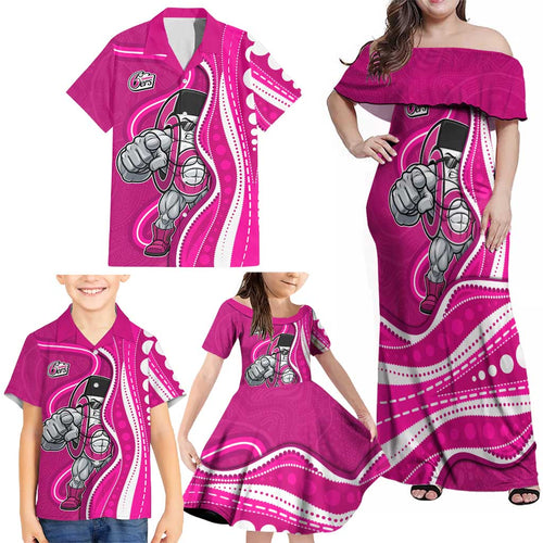 Sydney Sixers Family Matching Off Shoulder Maxi Dress and Hawaiian Shirt Aboriginal Dot Art Pink White - Tribal Wave Pattern