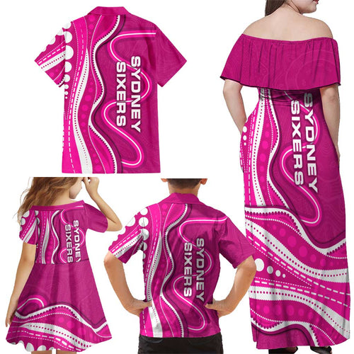 Sydney Sixers Family Matching Off Shoulder Maxi Dress and Hawaiian Shirt Aboriginal Dot Art Pink White - Tribal Wave Pattern