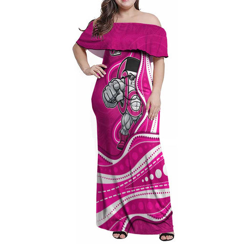 Sydney Sixers Family Matching Off Shoulder Maxi Dress and Hawaiian Shirt Aboriginal Dot Art Pink White - Tribal Wave Pattern