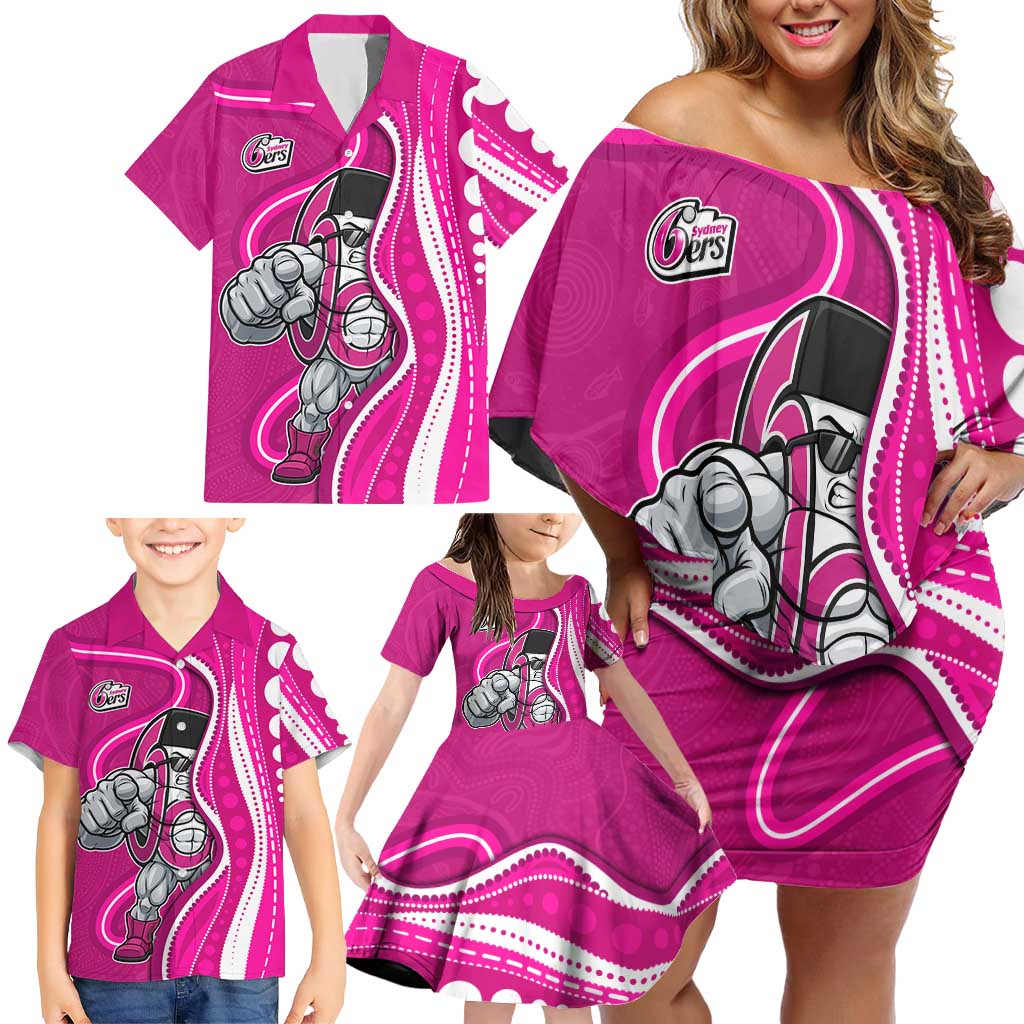 Sydney Sixers Family Matching Off Shoulder Short Dress and Hawaiian Shirt Aboriginal Dot Art Pink White - Tribal Wave Pattern