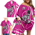 Sydney Sixers Family Matching Off Shoulder Short Dress and Hawaiian Shirt Aboriginal Dot Art Pink White - Tribal Wave Pattern
