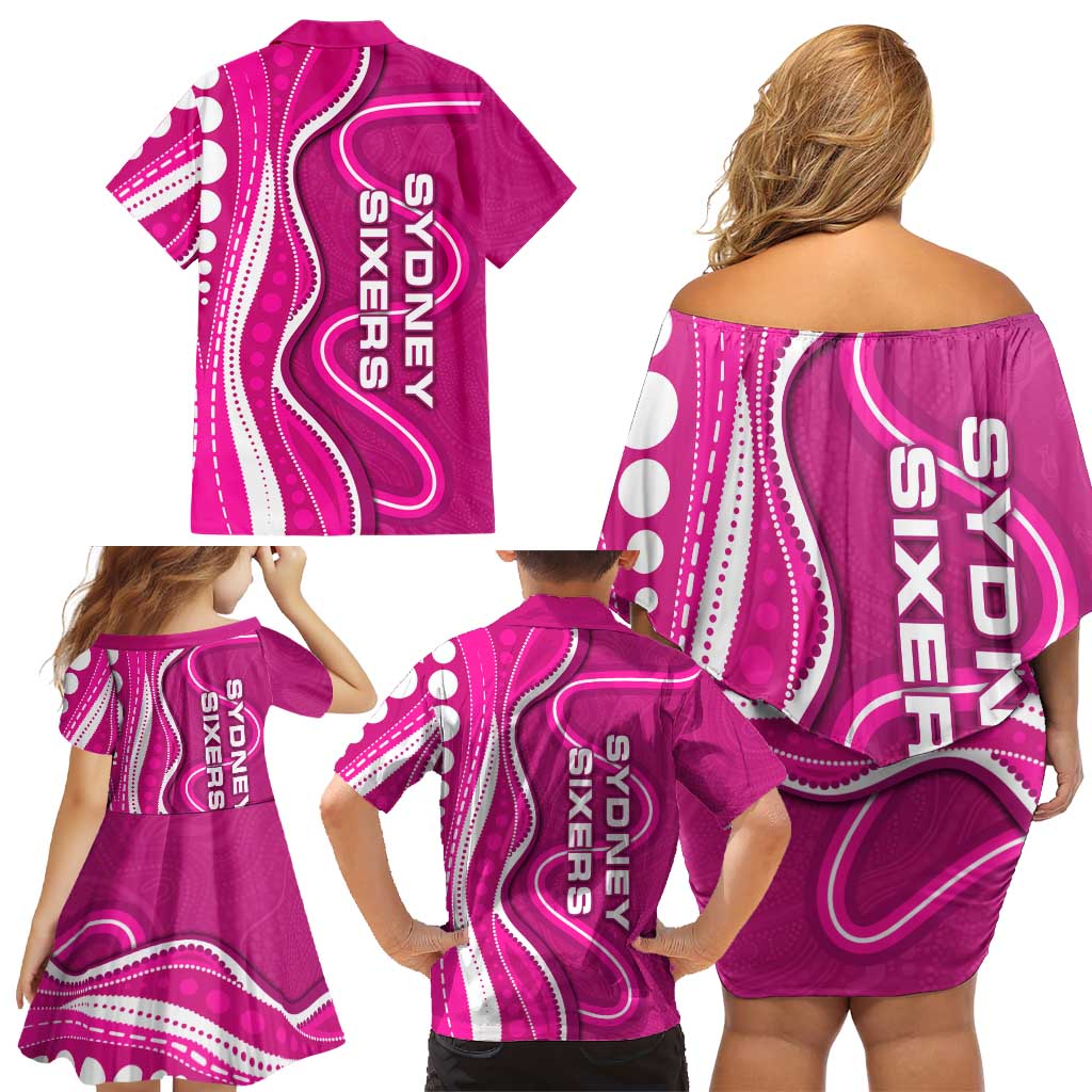 Sydney Sixers Family Matching Off Shoulder Short Dress and Hawaiian Shirt Aboriginal Dot Art Pink White - Tribal Wave Pattern