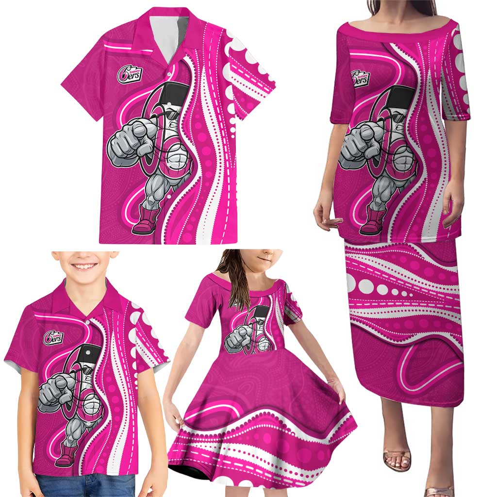 Sydney Sixers Family Matching Puletasi and Hawaiian Shirt Aboriginal Dot Art Pink White - Tribal Wave Pattern
