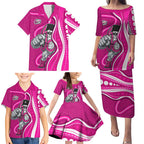 Sydney Sixers Family Matching Puletasi and Hawaiian Shirt Aboriginal Dot Art Pink White - Tribal Wave Pattern