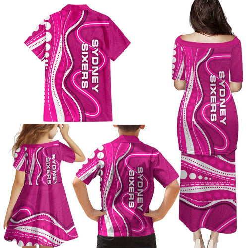Sydney Sixers Family Matching Puletasi and Hawaiian Shirt Aboriginal Dot Art Pink White - Tribal Wave Pattern