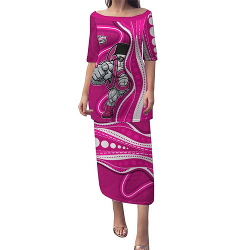 Sydney Sixers Family Matching Puletasi and Hawaiian Shirt Aboriginal Dot Art Pink White - Tribal Wave Pattern