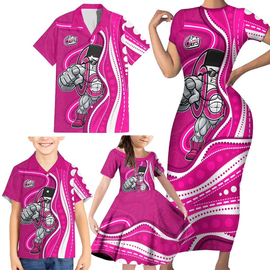 Sydney Sixers Family Matching Short Sleeve Bodycon Dress and Hawaiian Shirt Aboriginal Dot Art Pink White - Tribal Wave Pattern