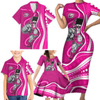 Sydney Sixers Family Matching Short Sleeve Bodycon Dress and Hawaiian Shirt Aboriginal Dot Art Pink White - Tribal Wave Pattern