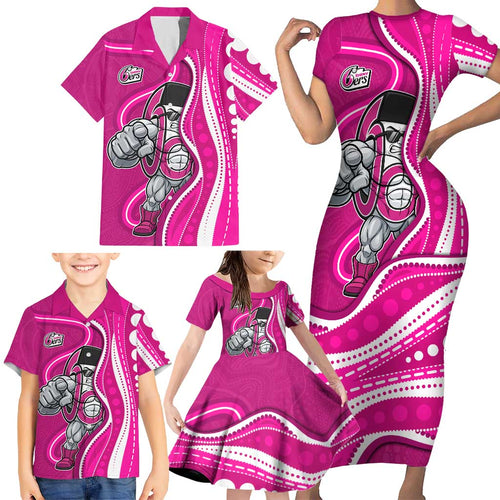 Sydney Sixers Family Matching Short Sleeve Bodycon Dress and Hawaiian Shirt Aboriginal Dot Art Pink White - Tribal Wave Pattern