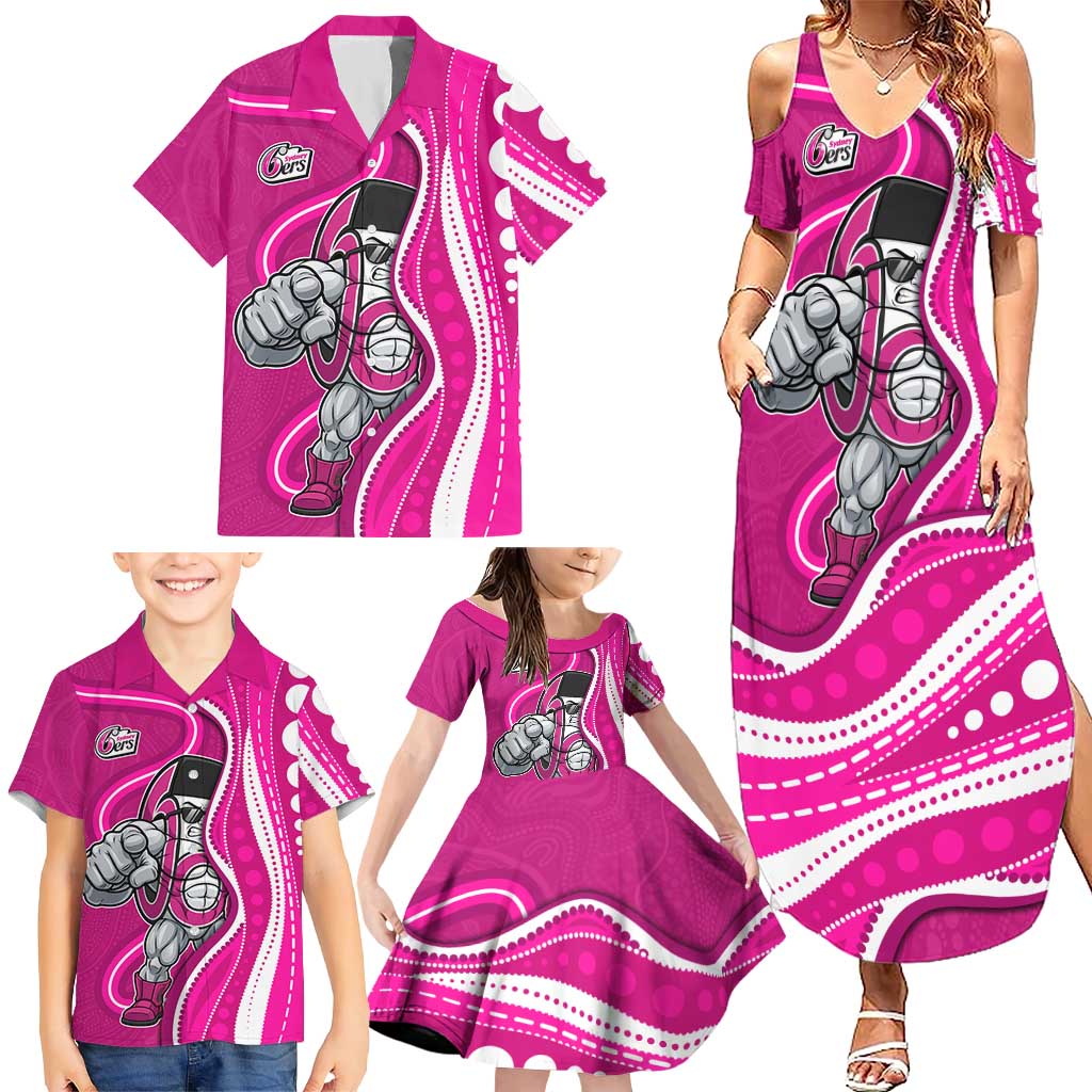Sydney Sixers Family Matching Summer Maxi Dress and Hawaiian Shirt Aboriginal Dot Art Pink White - Tribal Wave Pattern