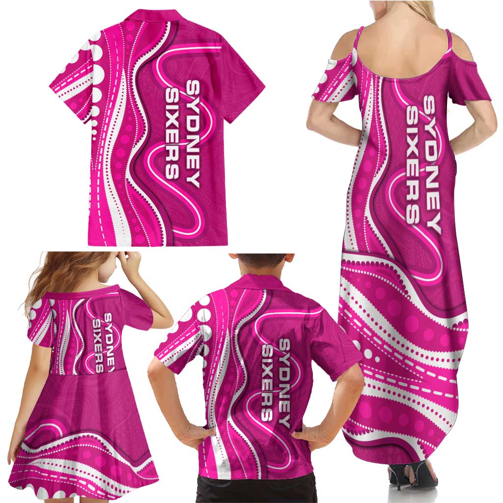 Sydney Sixers Family Matching Summer Maxi Dress and Hawaiian Shirt Aboriginal Dot Art Pink White - Tribal Wave Pattern