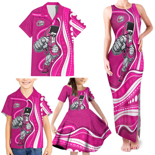 Sydney Sixers Family Matching Tank Maxi Dress and Hawaiian Shirt Aboriginal Dot Art Pink White - Tribal Wave Pattern
