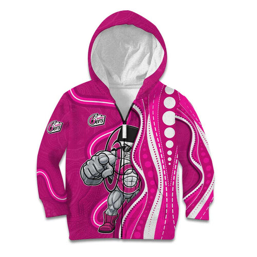 Sydney Sixers Kid Hoodie Aboriginal Dot Art Pink White - Tribal Wave Pattern