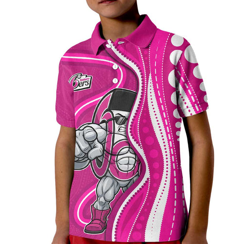 Sydney Sixers Kid Polo Shirt Aboriginal Dot Art Pink White - Tribal Wave Pattern