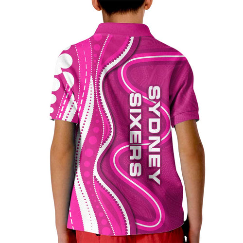 Sydney Sixers Kid Polo Shirt Aboriginal Dot Art Pink White - Tribal Wave Pattern